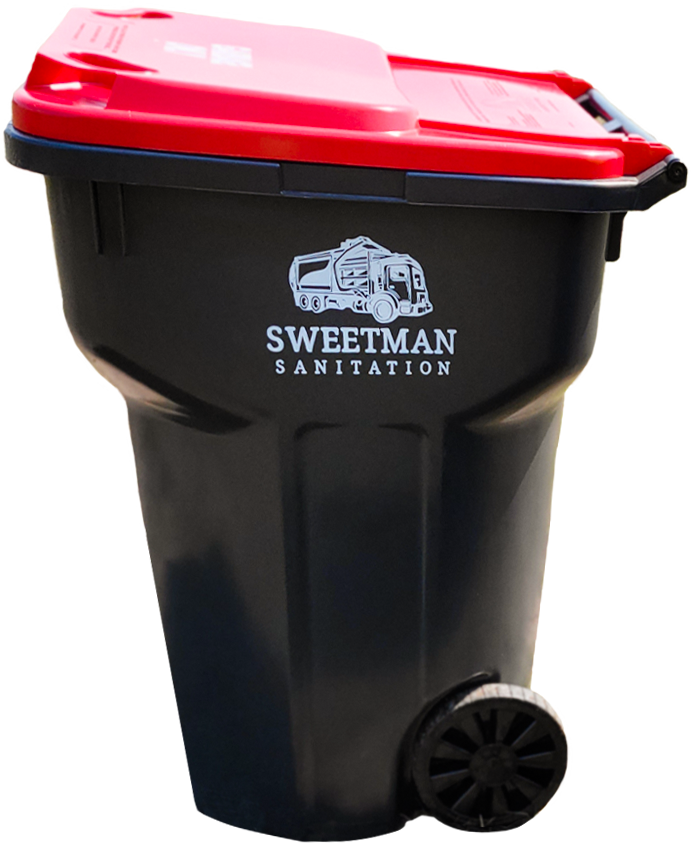 A black and red trash can with the words sweetman sanitation on it.
